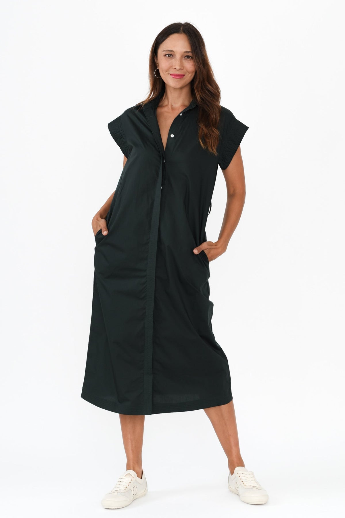 Gail Black Cotton Belted Dress Full Length View
