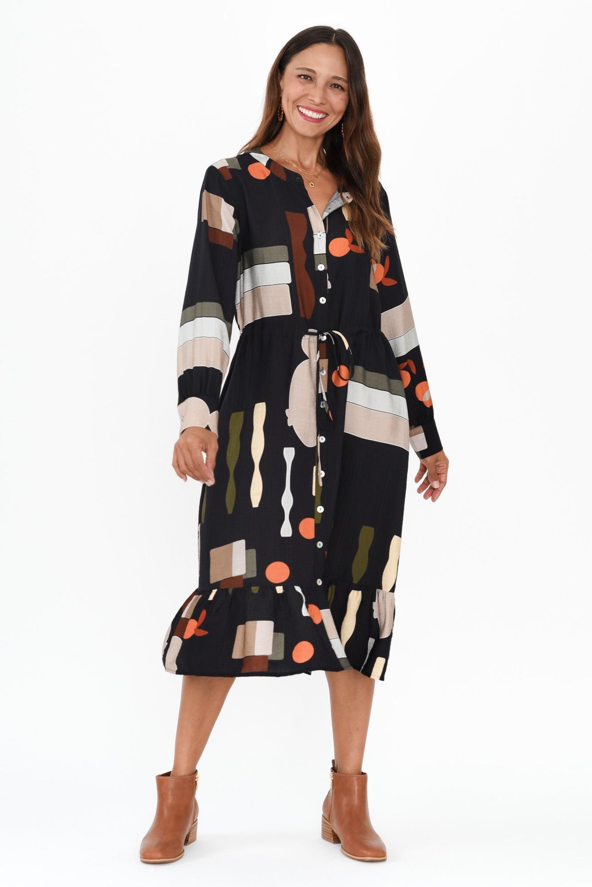 Galleria Black Geo Tie Dress Full Length View