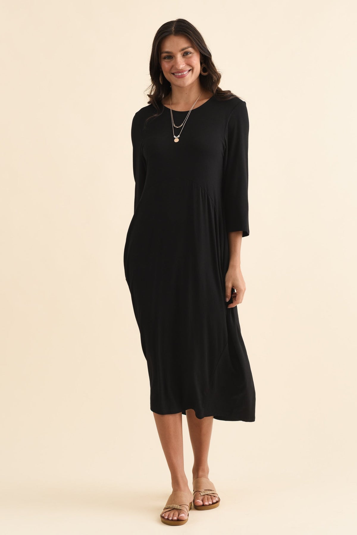 Glenda Black Sleeved Crescent Dress Side View 2