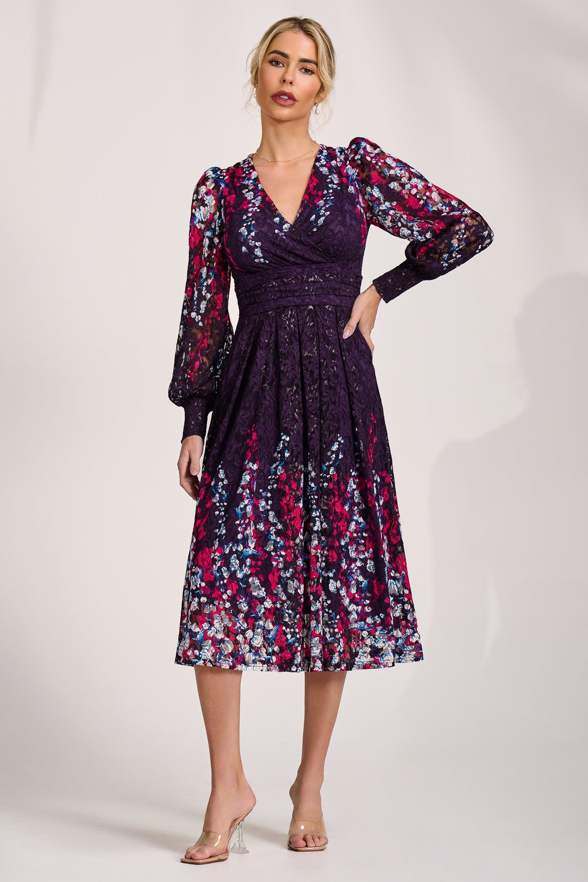 Long Sleeve Printed Lace Midi Dress Full Length View