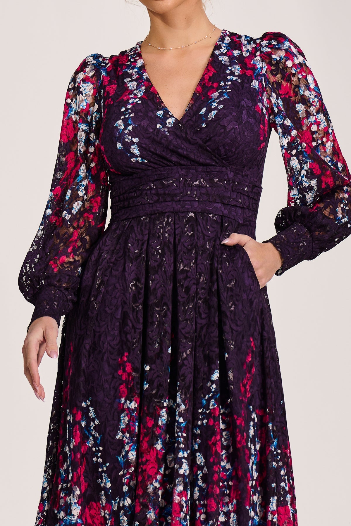 Long Sleeve Printed Lace Midi Dress Styled View