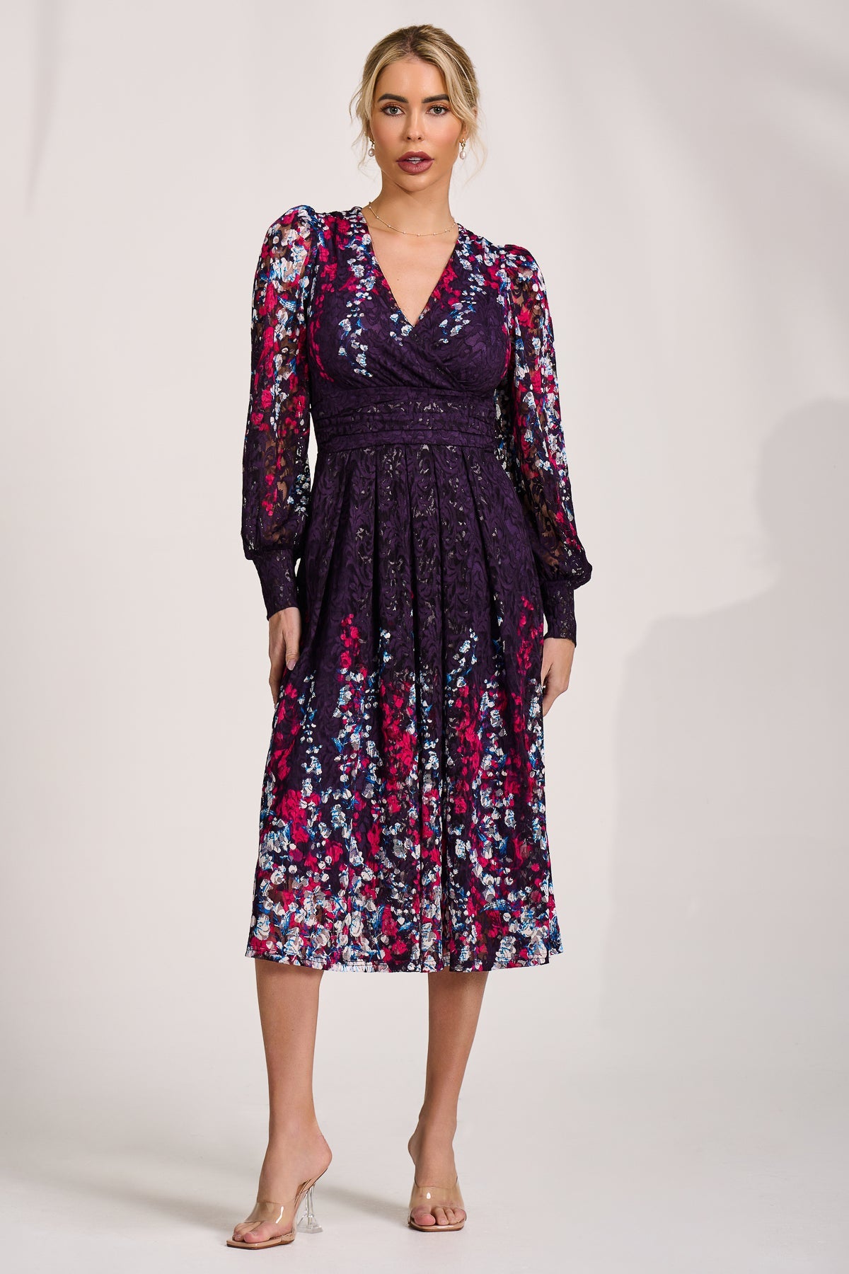 Long Sleeve Printed Lace Midi Dress Side View