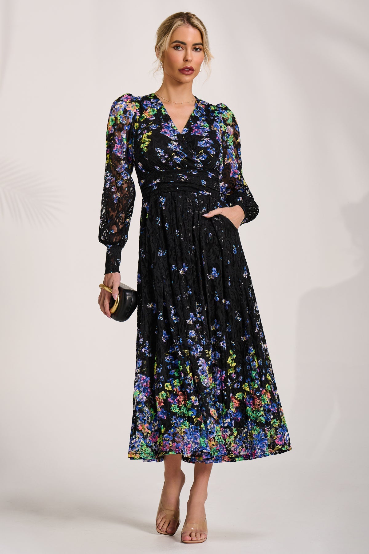 Long Sleeve Printed Lace Maxi Dress Full Length View