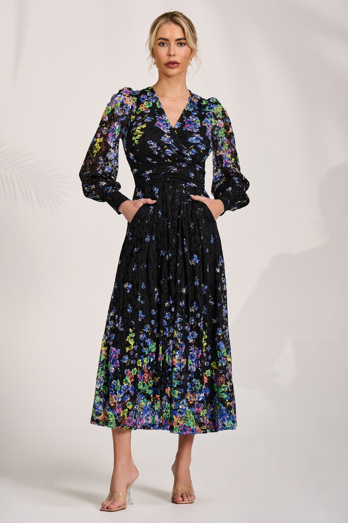 Long Sleeve Printed Lace Maxi Dress Detail View
