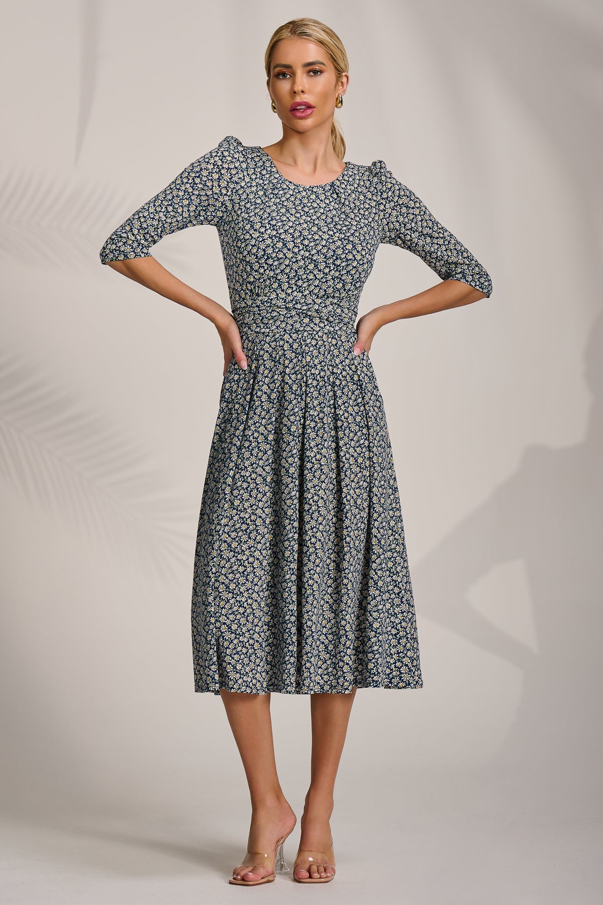 Sleeve Printed Jersey Midi Dress Front View