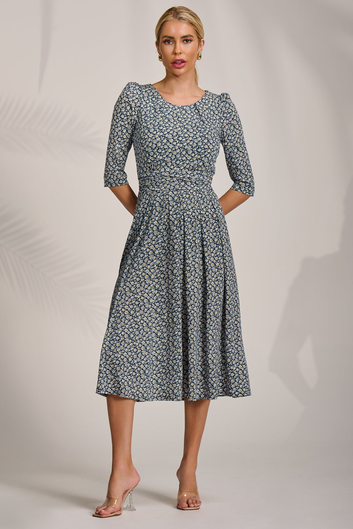 Sleeve Printed Jersey Midi Dress Front View 2