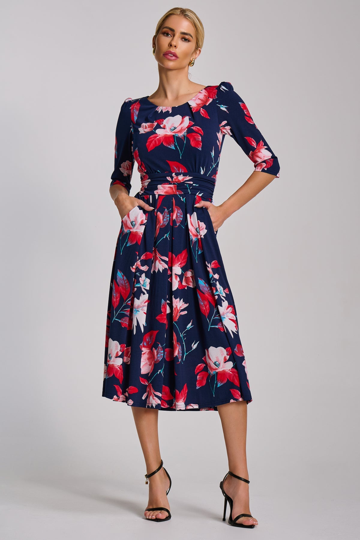 Sleeve Printed Jersey Midi Dress Navy Floral Front View