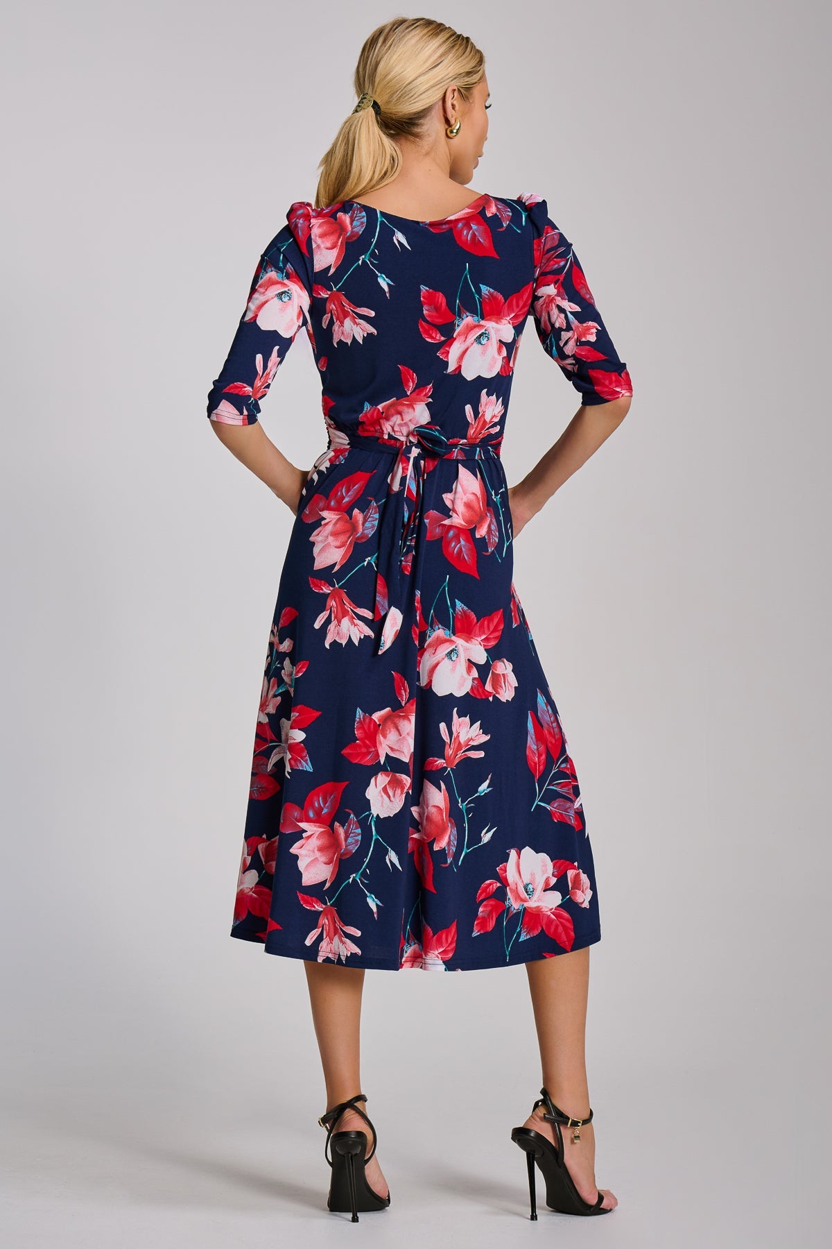 Sleeve Printed Jersey Midi Dress Navy Floral Back View