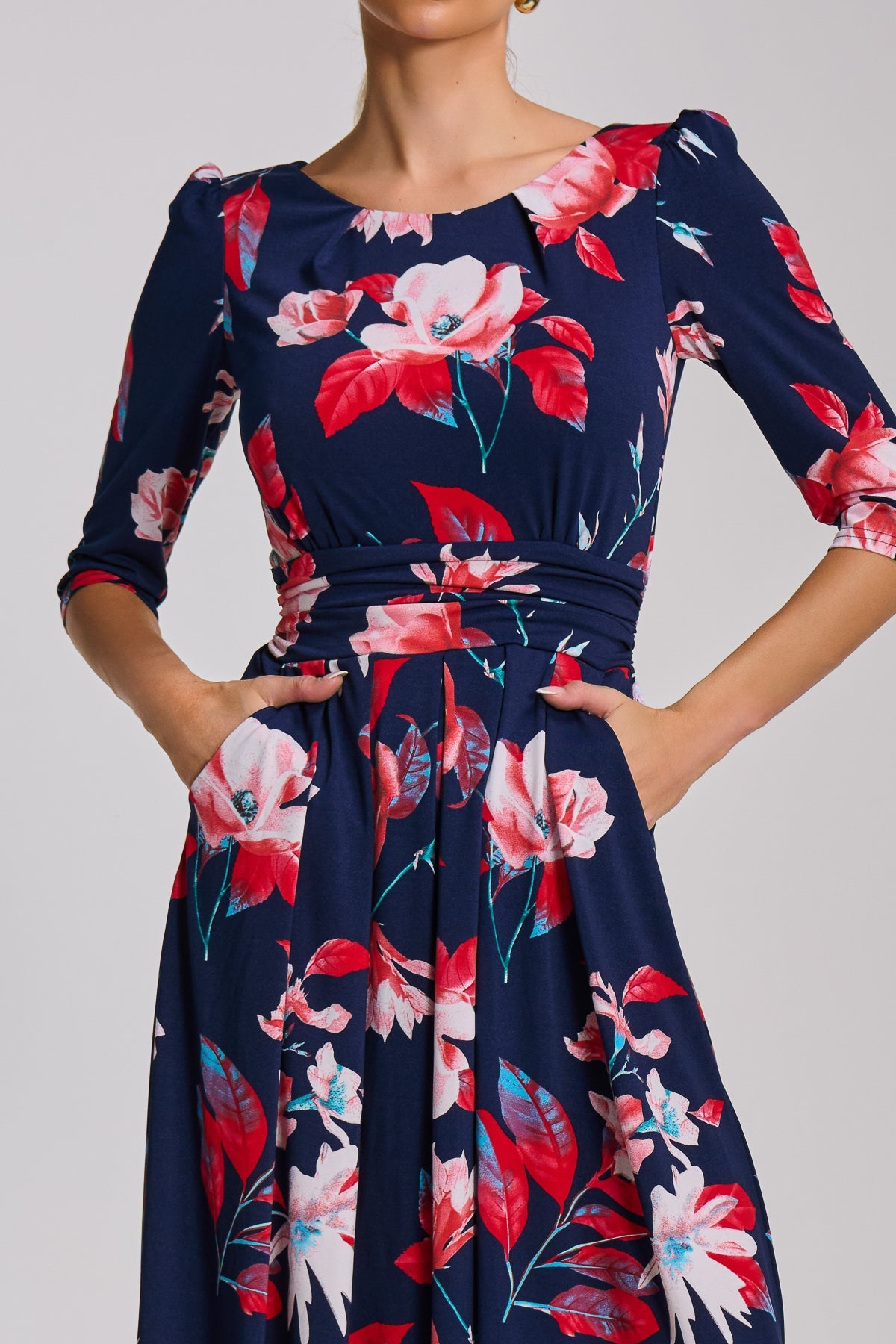 Sleeve Printed Jersey Midi Dress Navy Floral Full Length View