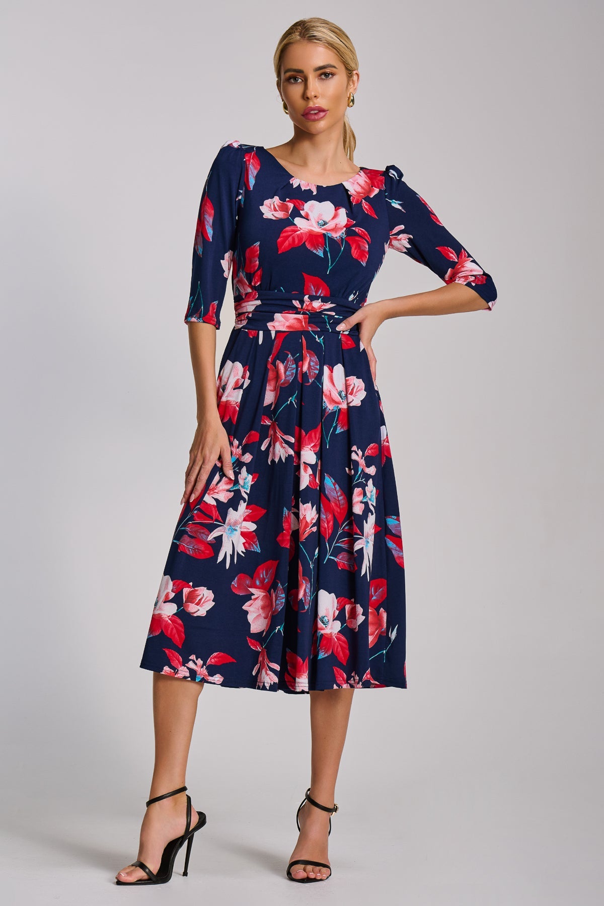 Sleeve Printed Jersey Midi Dress Navy Floral Side View