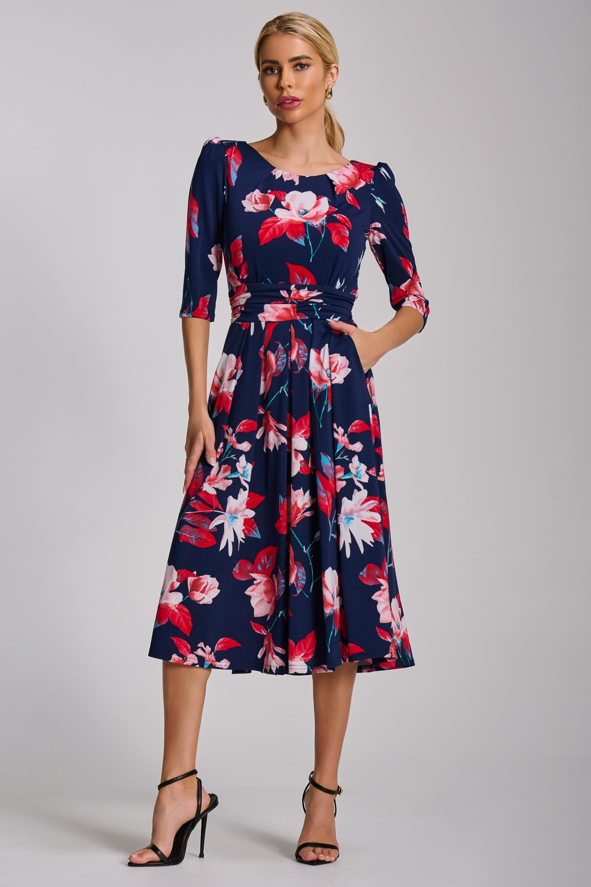 Sleeve Printed Jersey Midi Dress Navy Floral Front View 2