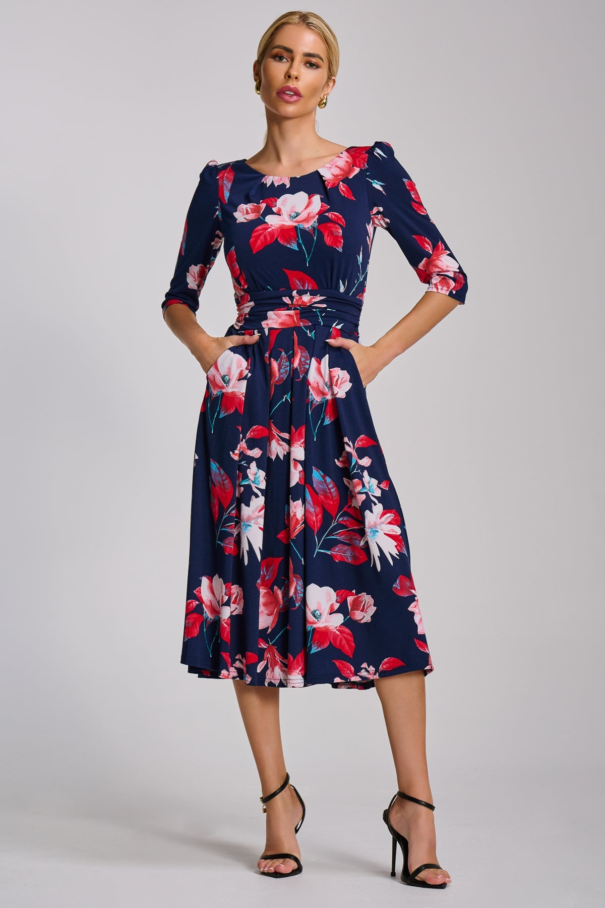 Sleeve Printed Jersey Midi Dress Navy Floral Styled View
