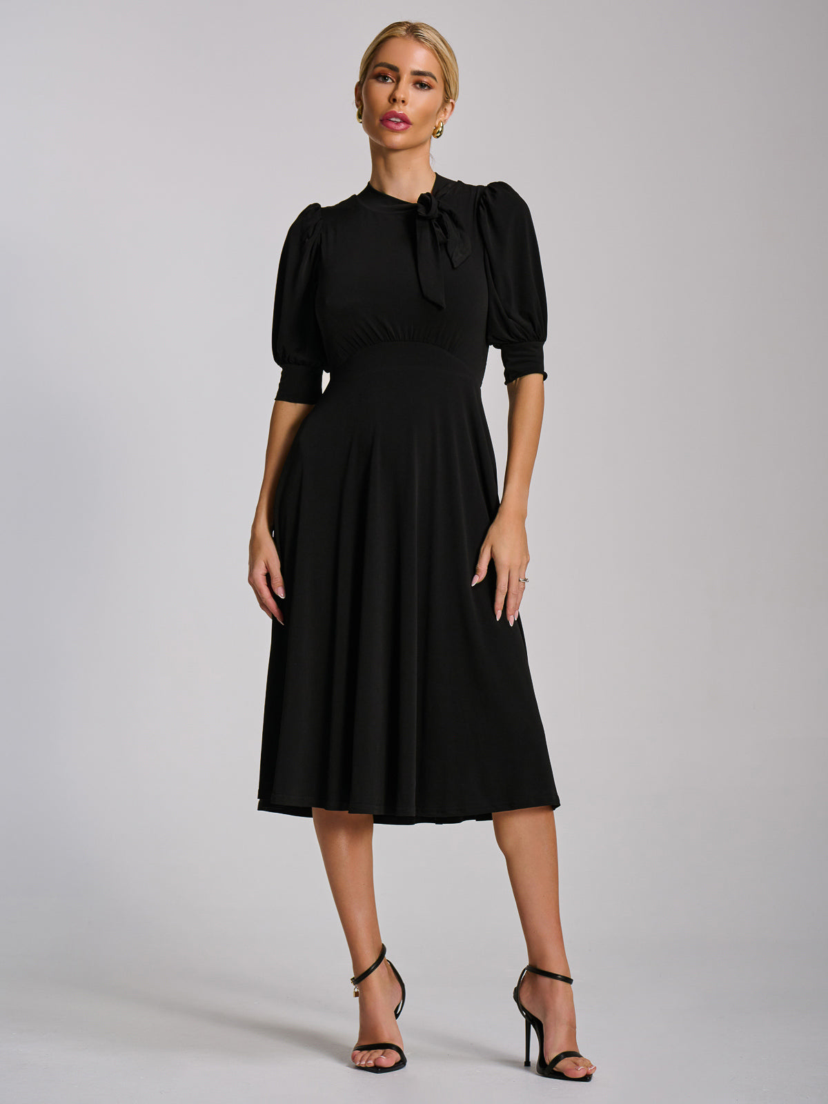 Tie Neck Puffy Sleeve Jersey Midi Dress Styled View