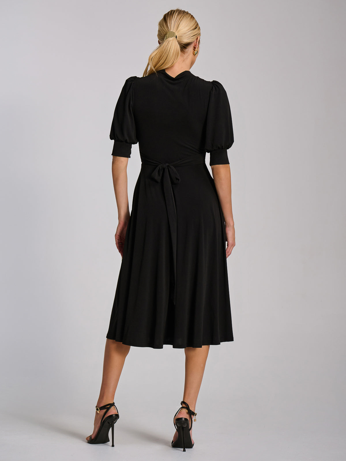 Tie Neck Puffy Sleeve Jersey Midi Dress Detail View