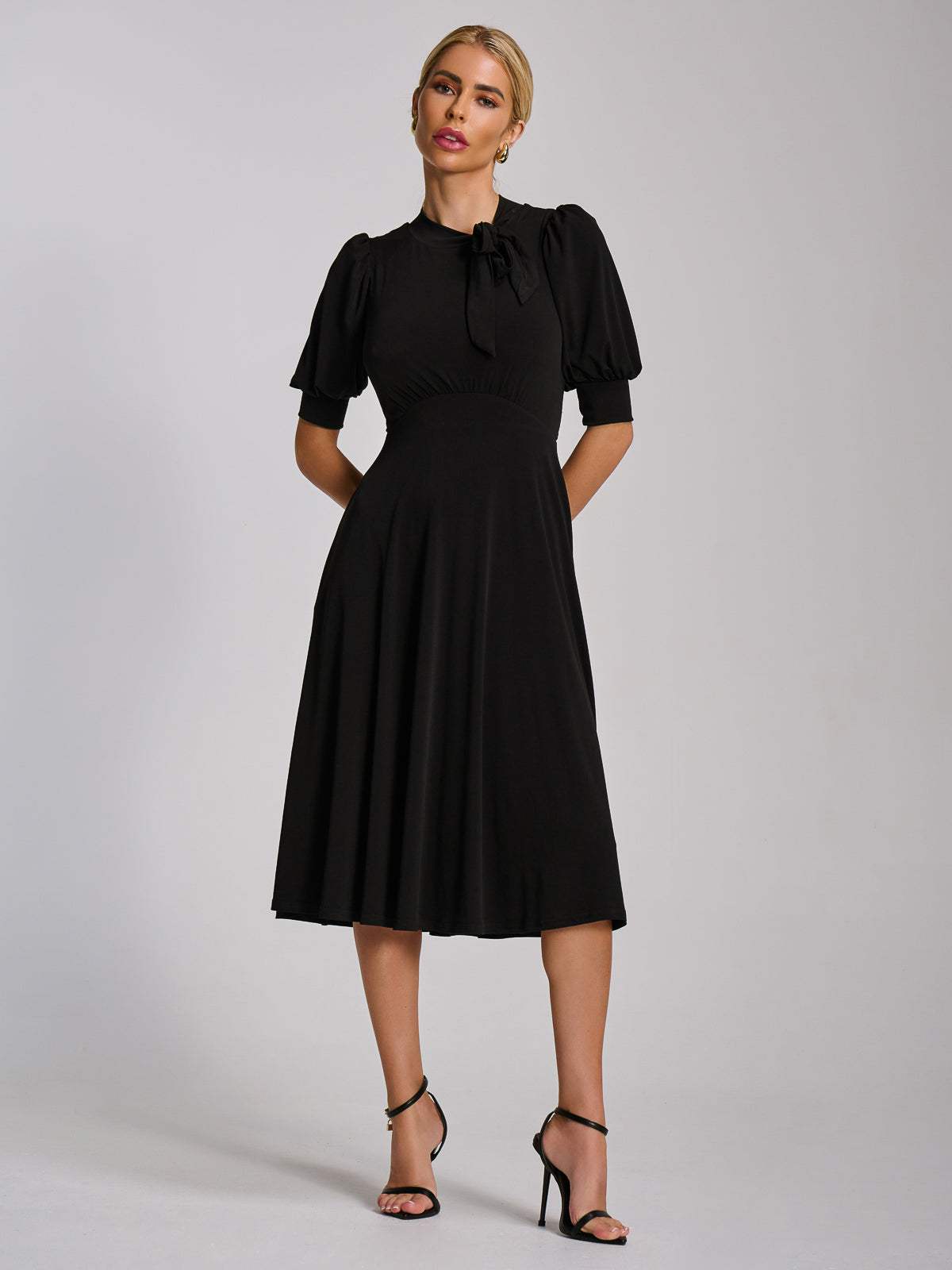 Tie Neck Puffy Sleeve Jersey Midi Dress Side View