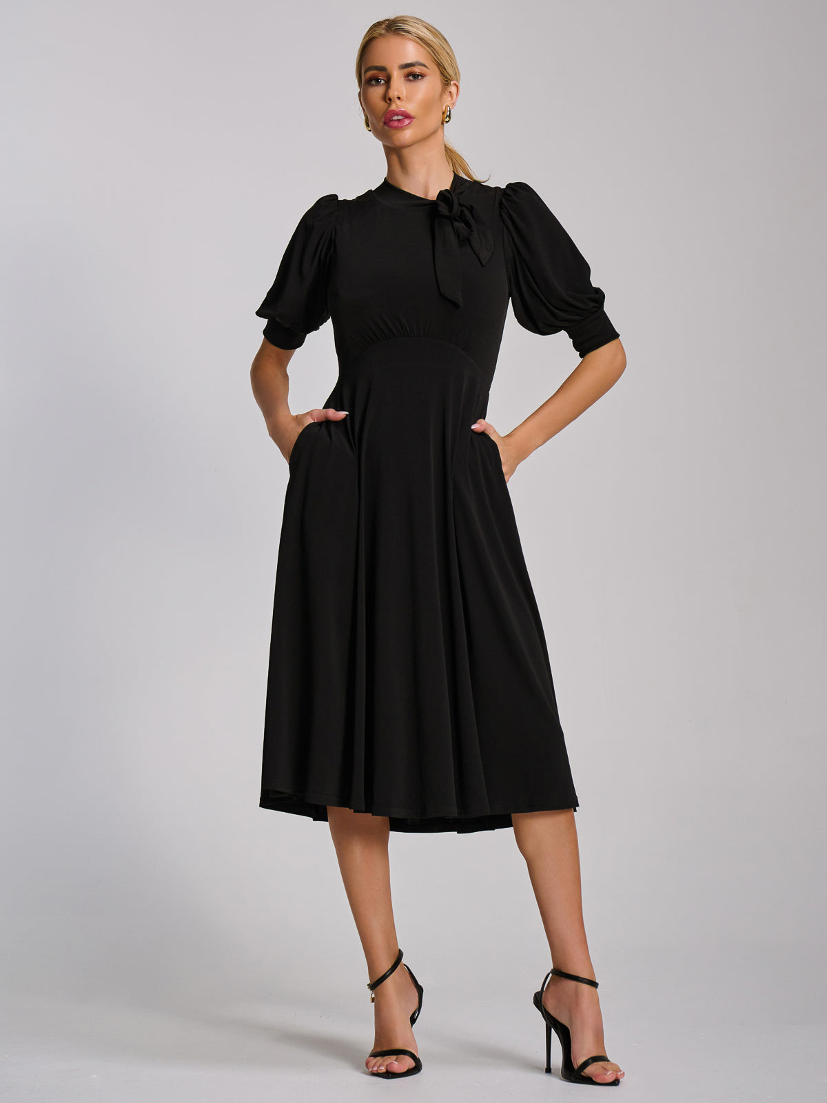 Tie Neck Puffy Sleeve Jersey Midi Dress Back View