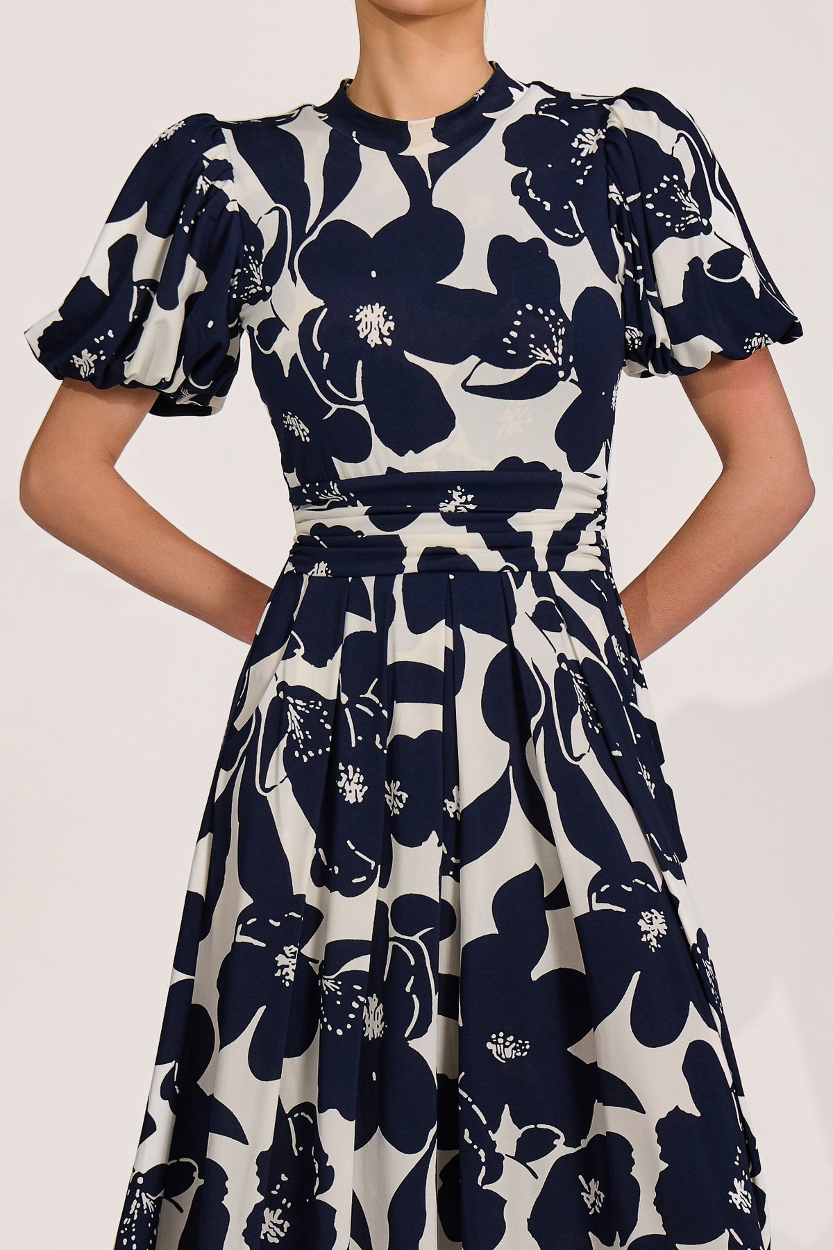 Turtle Neck Puff Sleeve Jersey Midi Dress cream floral Side View