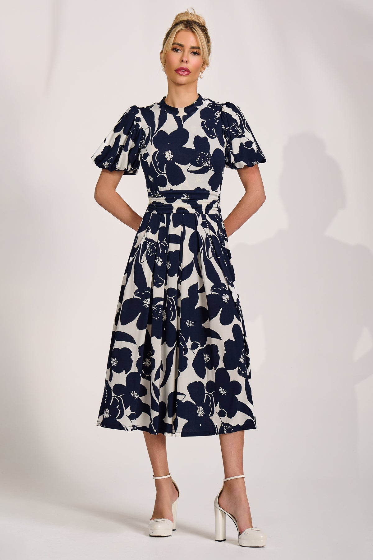Turtle Neck Puff Sleeve Jersey Midi Dress cream floral Detail View