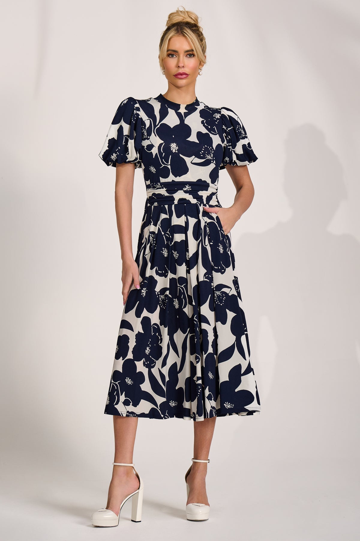 Turtle Neck Puff Sleeve Jersey Midi Dress cream floral Styled View