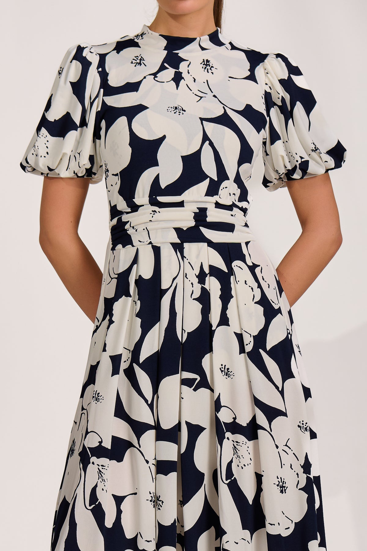 Turtle Neck Puff Sleeve Jersey Midi Dress Side View
