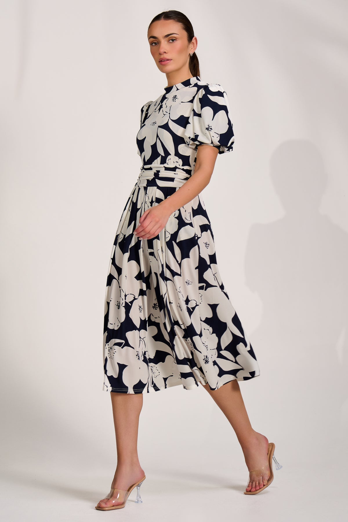 Turtle Neck Puff Sleeve Jersey Midi Dress Full Length View