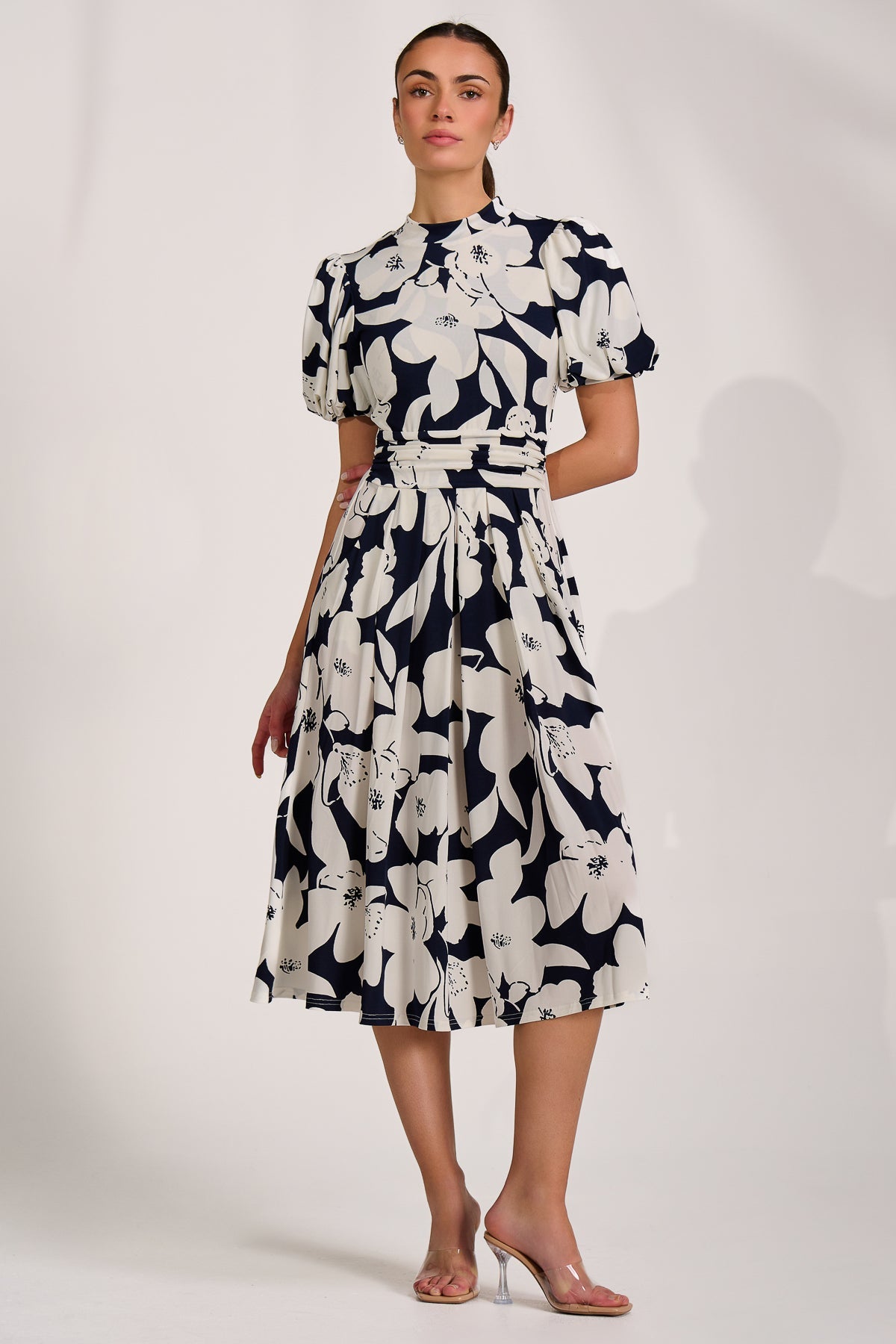 Turtle Neck Puff Sleeve Jersey Midi Dress Detail View