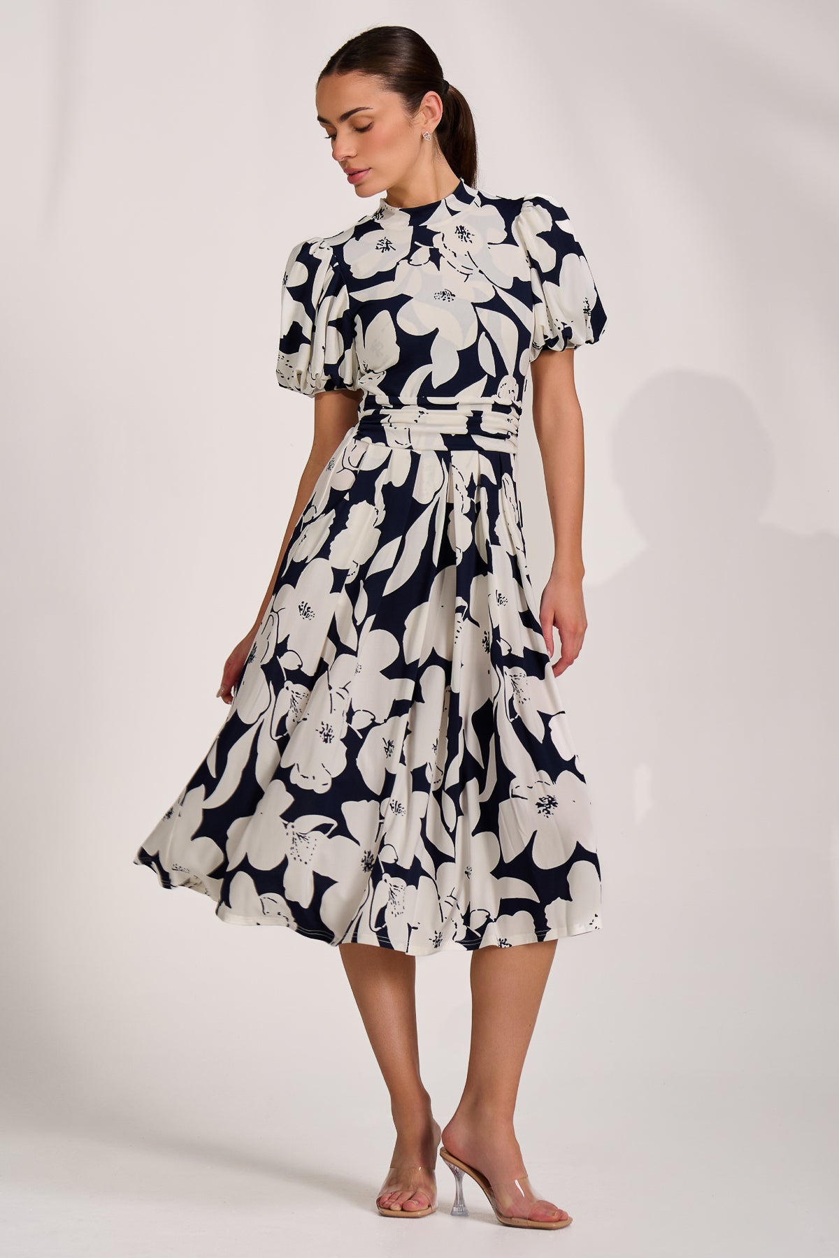 Turtle Neck Puff Sleeve Jersey Midi Dress Styled View
