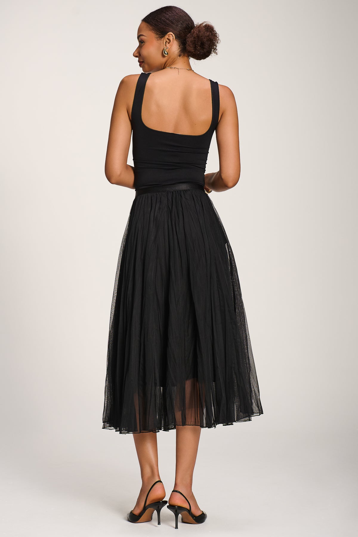 Plain Crinkle Mesh Midi Skirt Back View