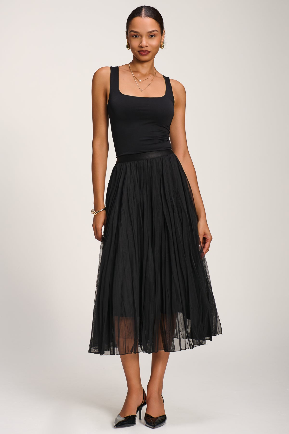 Plain Crinkle Mesh Midi Skirt Detail View