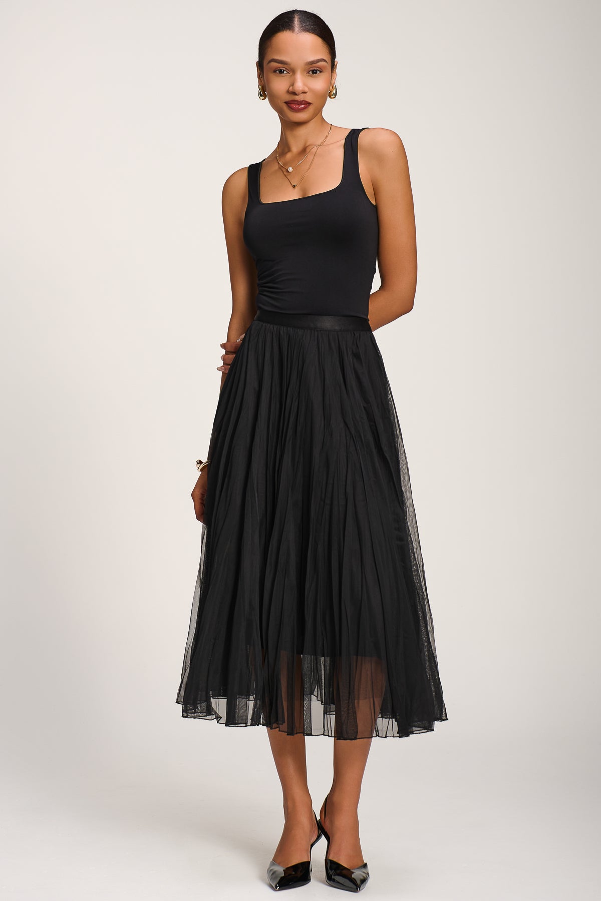 Plain Crinkle Mesh Midi Skirt Front View 2