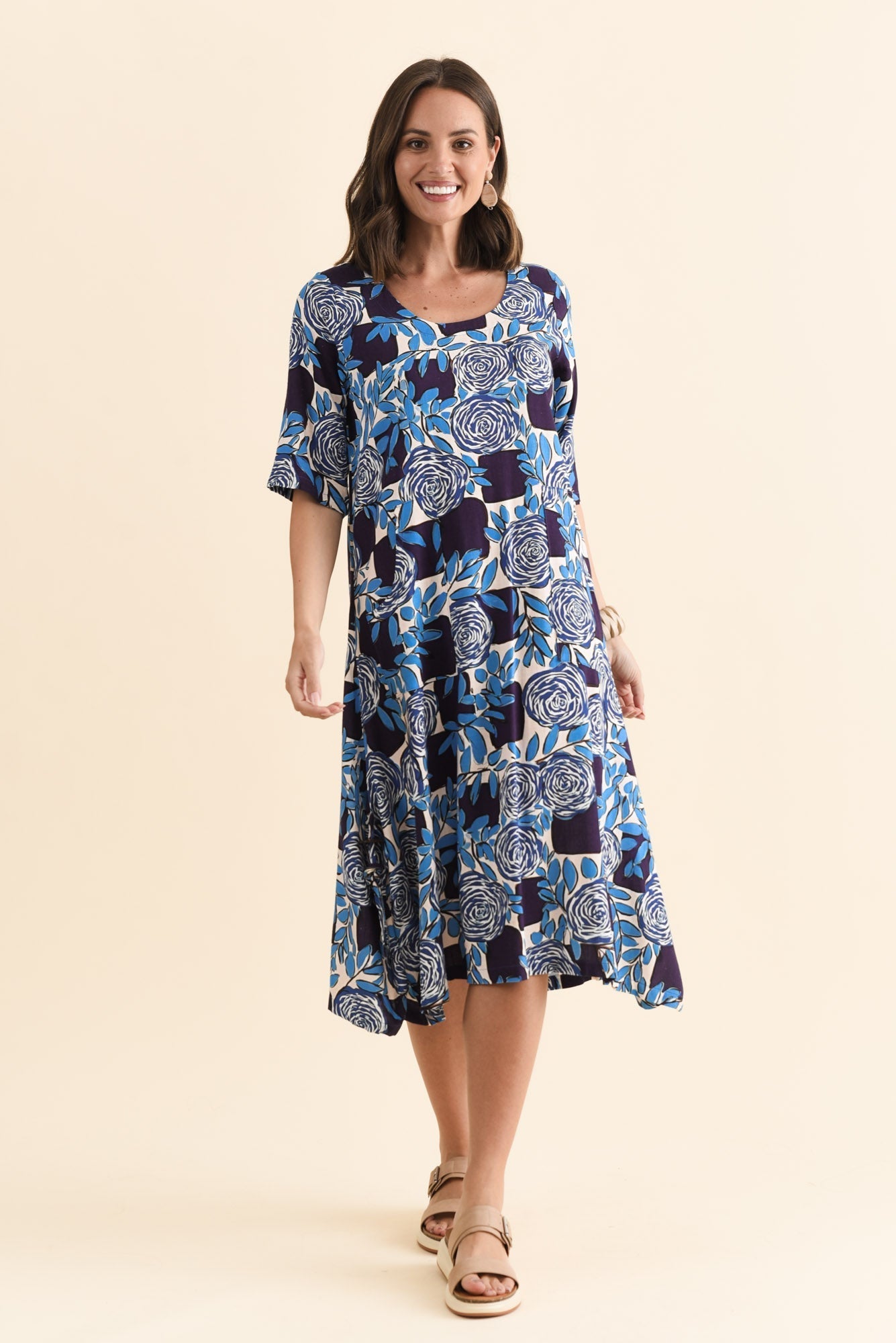 Hailee Navy Flower Linen Cotton Dress Front View