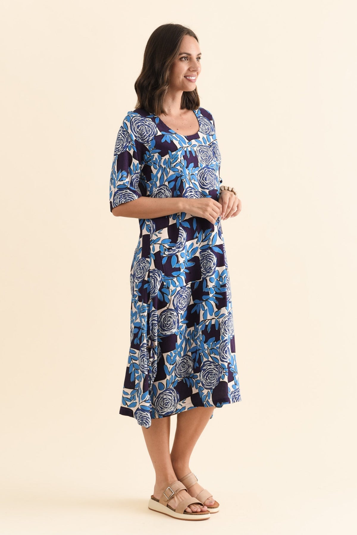 Hailee Navy Flower Linen Cotton Dress Back View