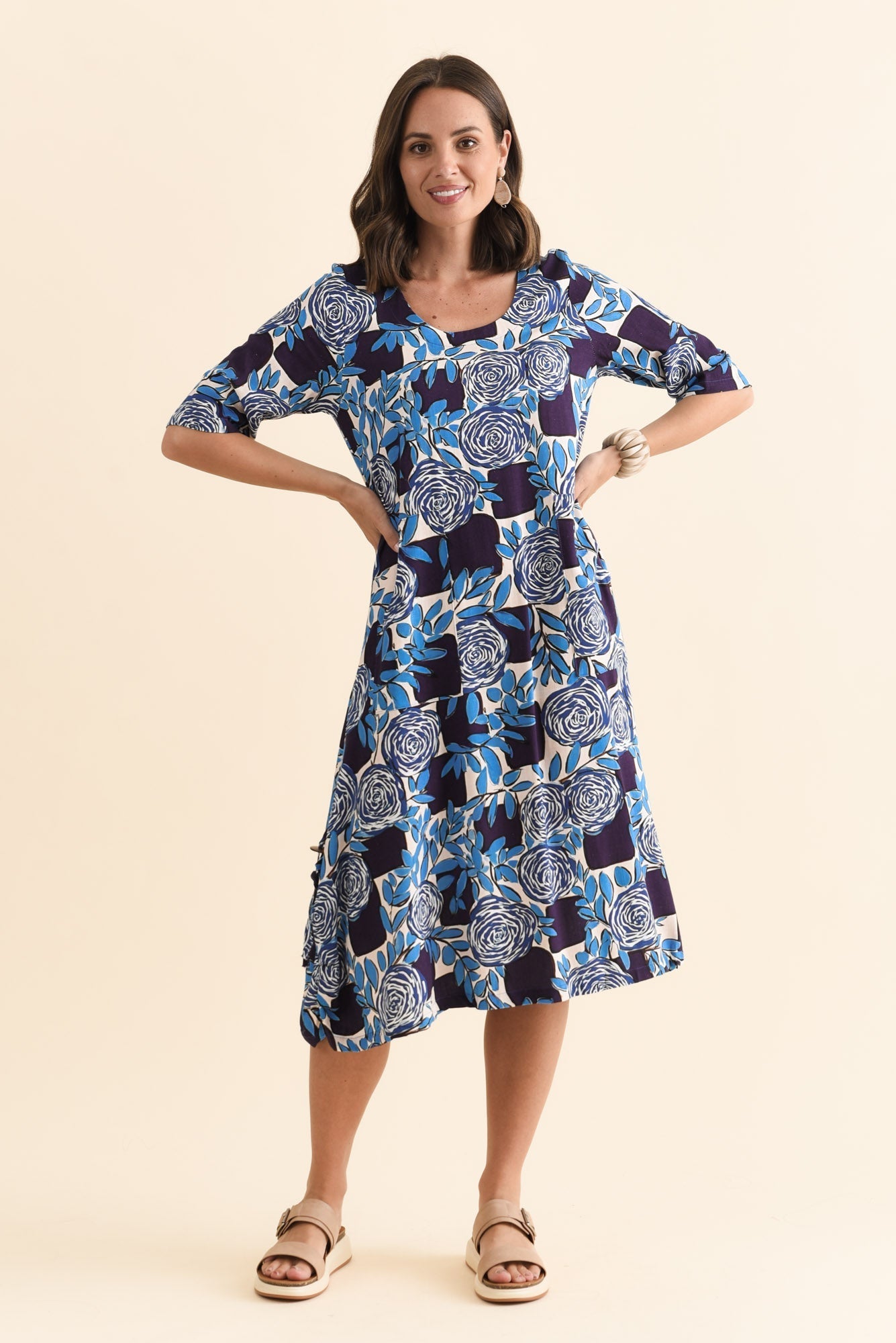 Hailee Navy Flower Linen Cotton Dress Full Length View