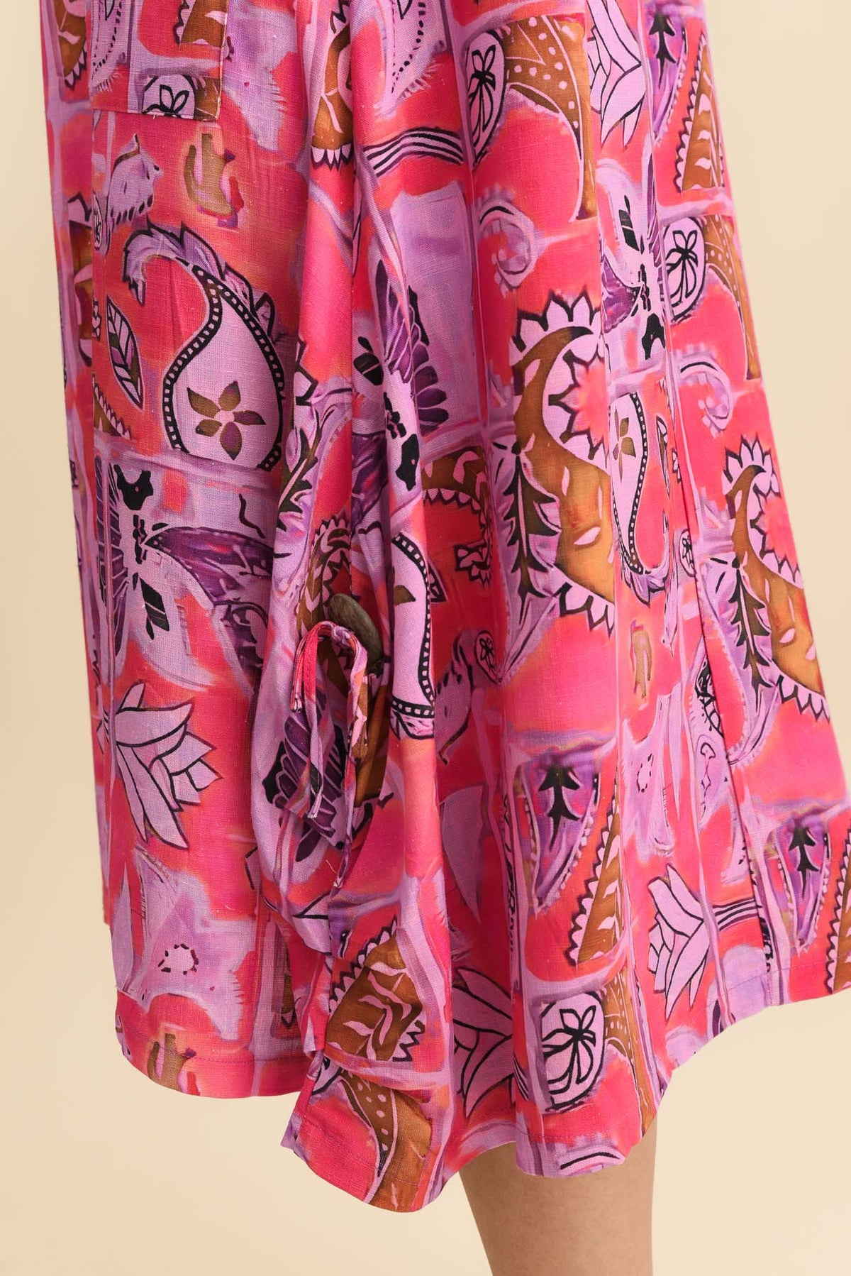 Hailee Pink Paisley Linen Cotton Dress Detail View