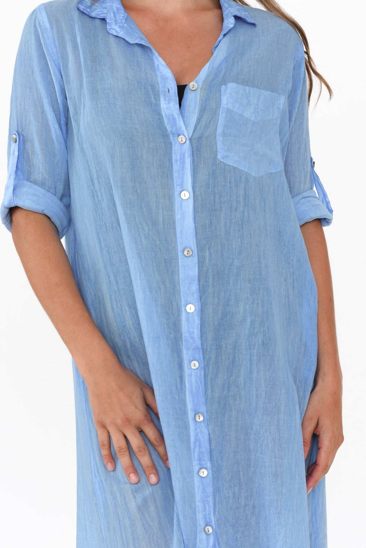 Hailey Blue Cotton Button Kaftan Full Length View