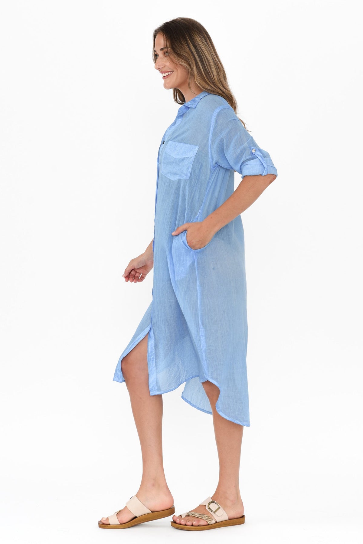 Hailey Blue Cotton Button Kaftan Side View