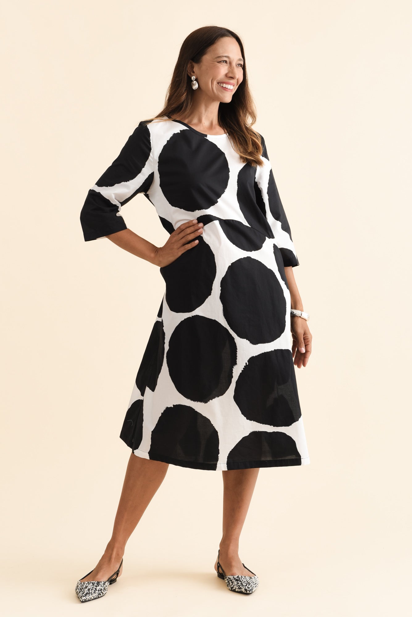 Hannah Black Spot Cotton Dress Full Length View