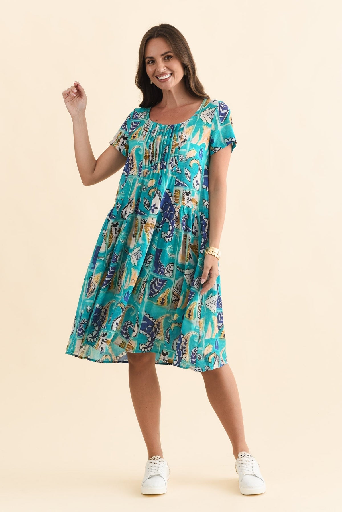 Hanoi Blue Paisley Cotton Blend Dress Full Length View