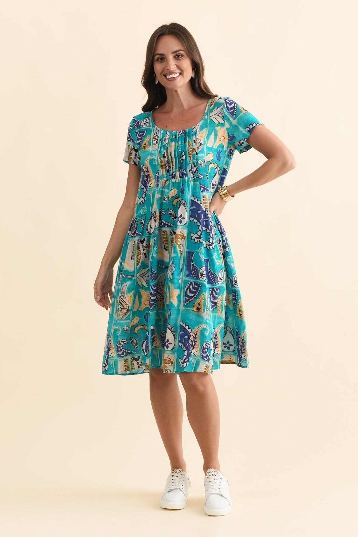 Hanoi Blue Paisley Cotton Blend Dress Front View