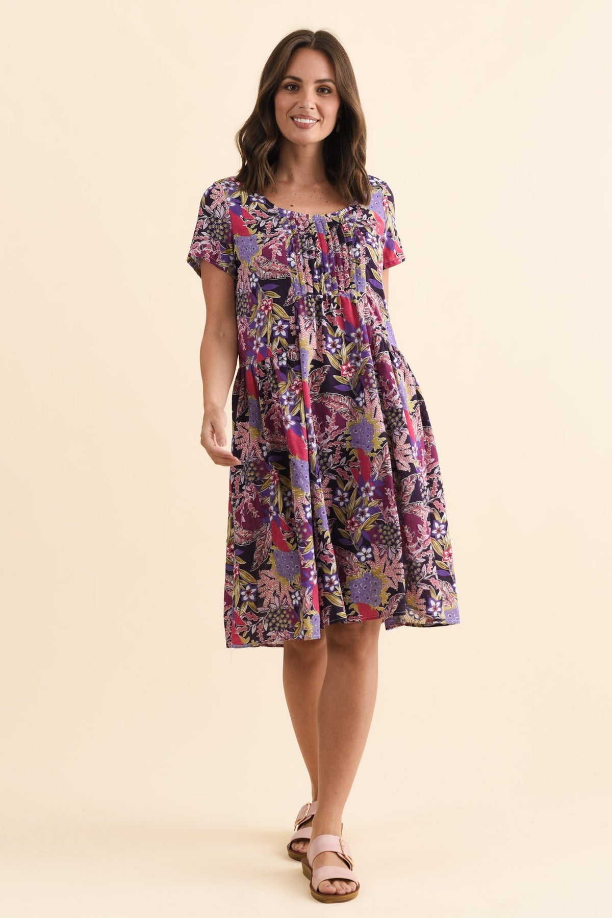 Hanoi Purple Garden Cotton Blend Dress Front View 2