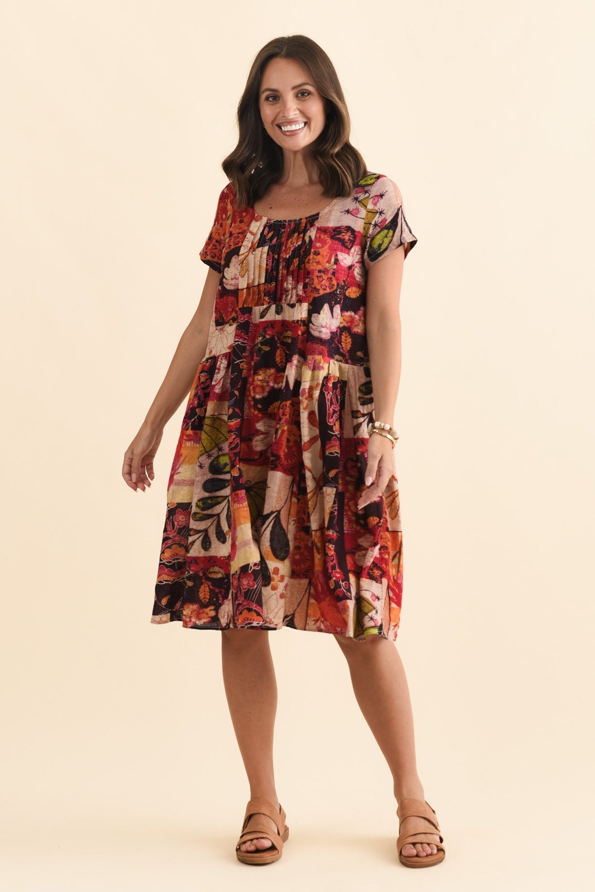 Hanoi Red Mosaic Cotton Blend Dress Front View 2