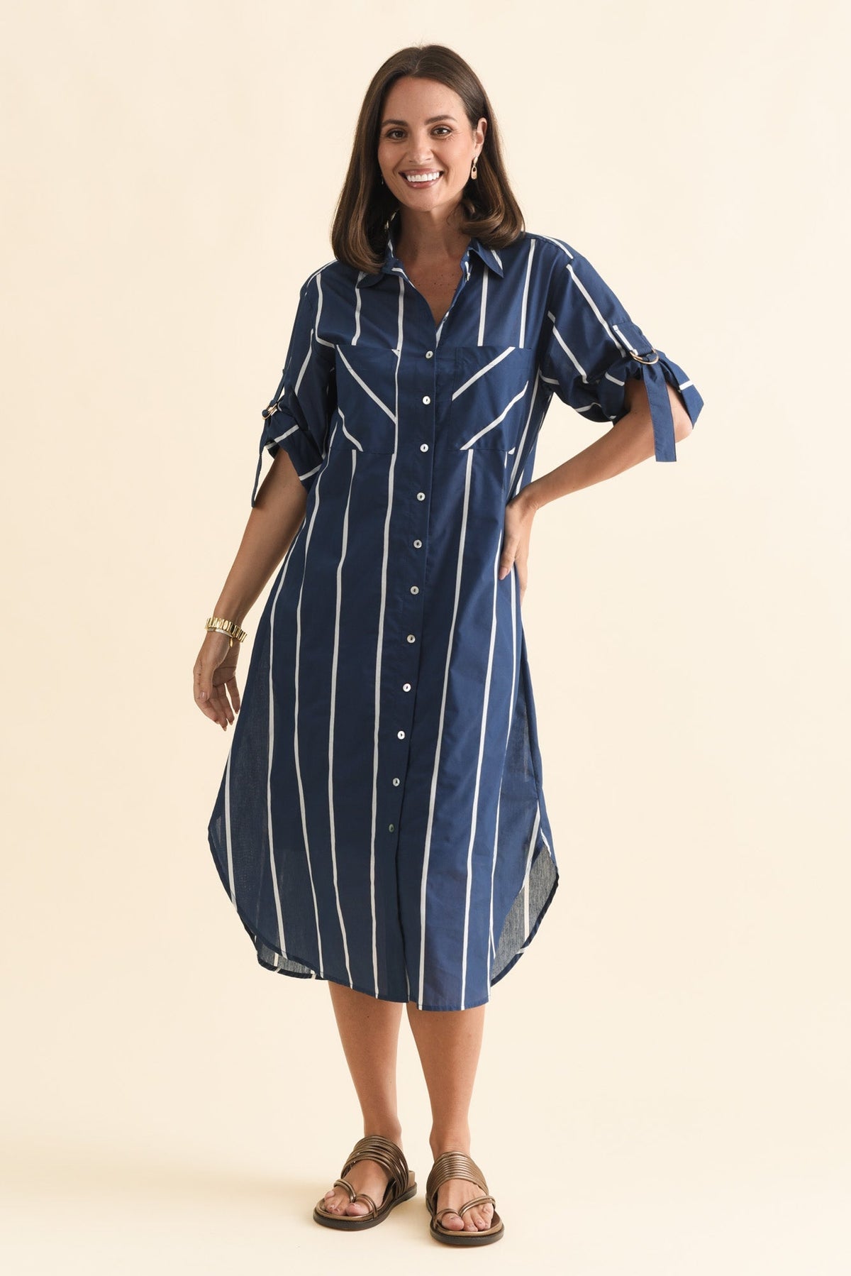 Hayman Navy Stripe Shirt Dress Front View 2