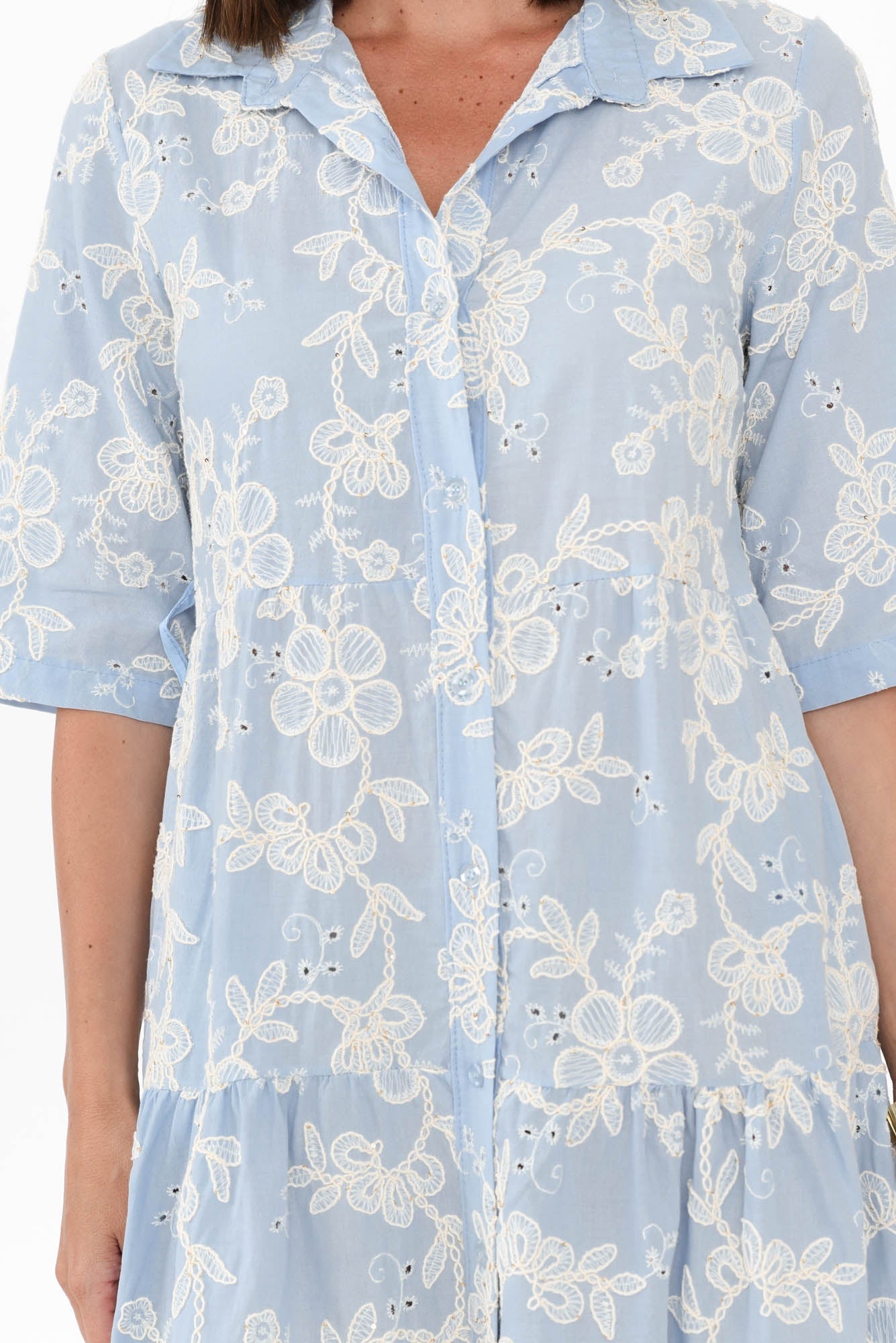 Heidi Blue Floral Embroidered Cotton Dress Full Length View