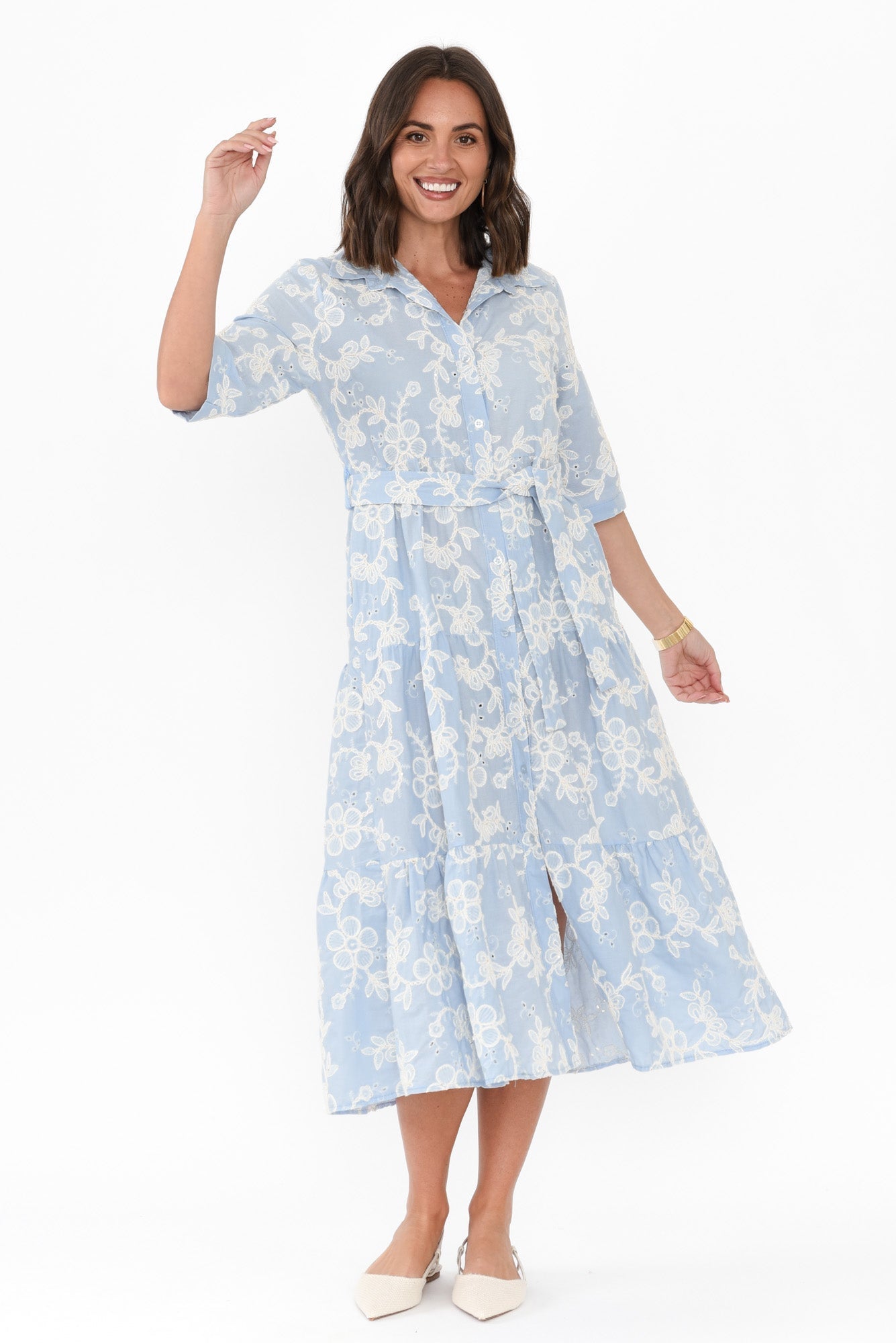 Heidi Blue Floral Embroidered Cotton Dress Front View