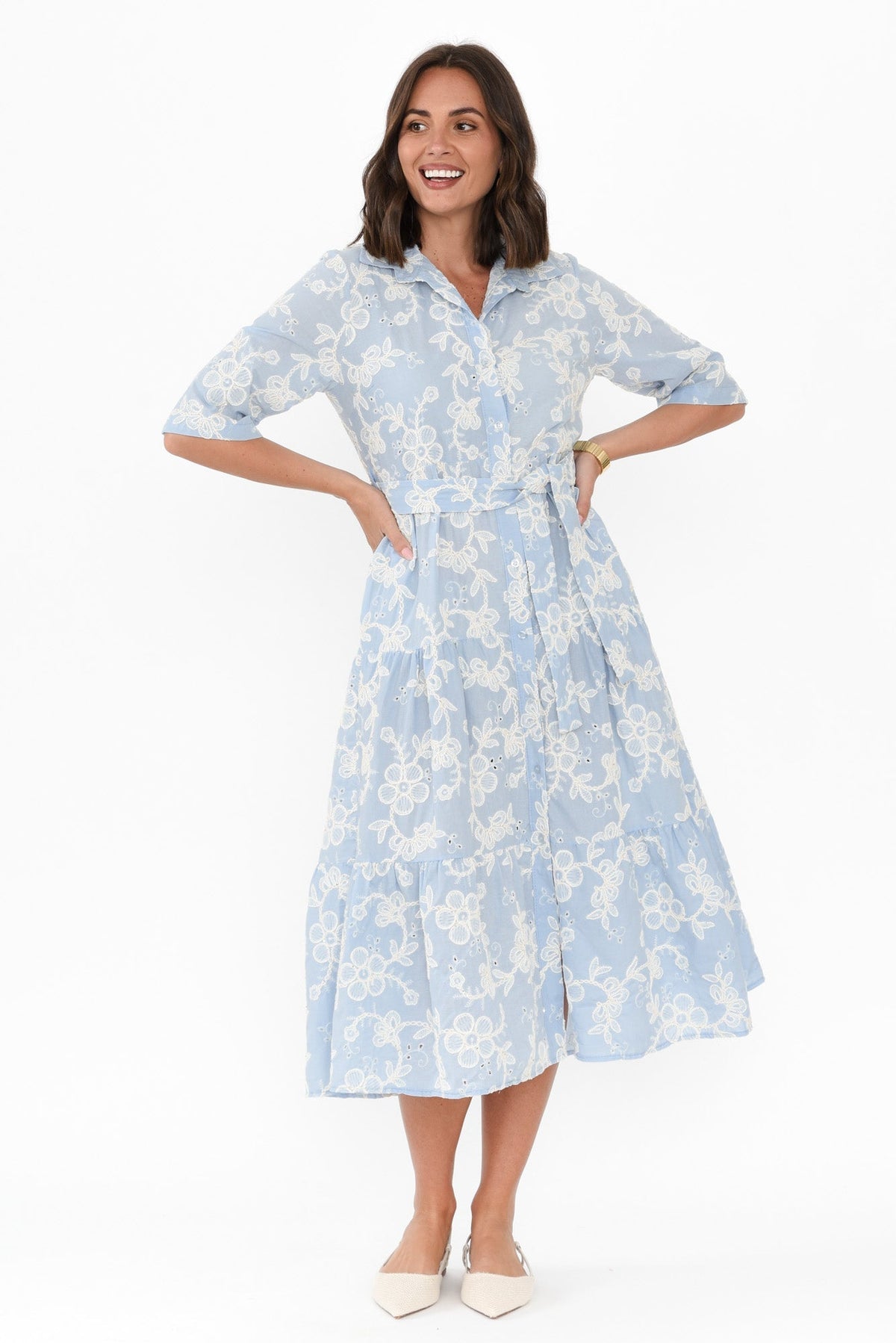 Heidi Blue Floral Embroidered Cotton Dress Back View