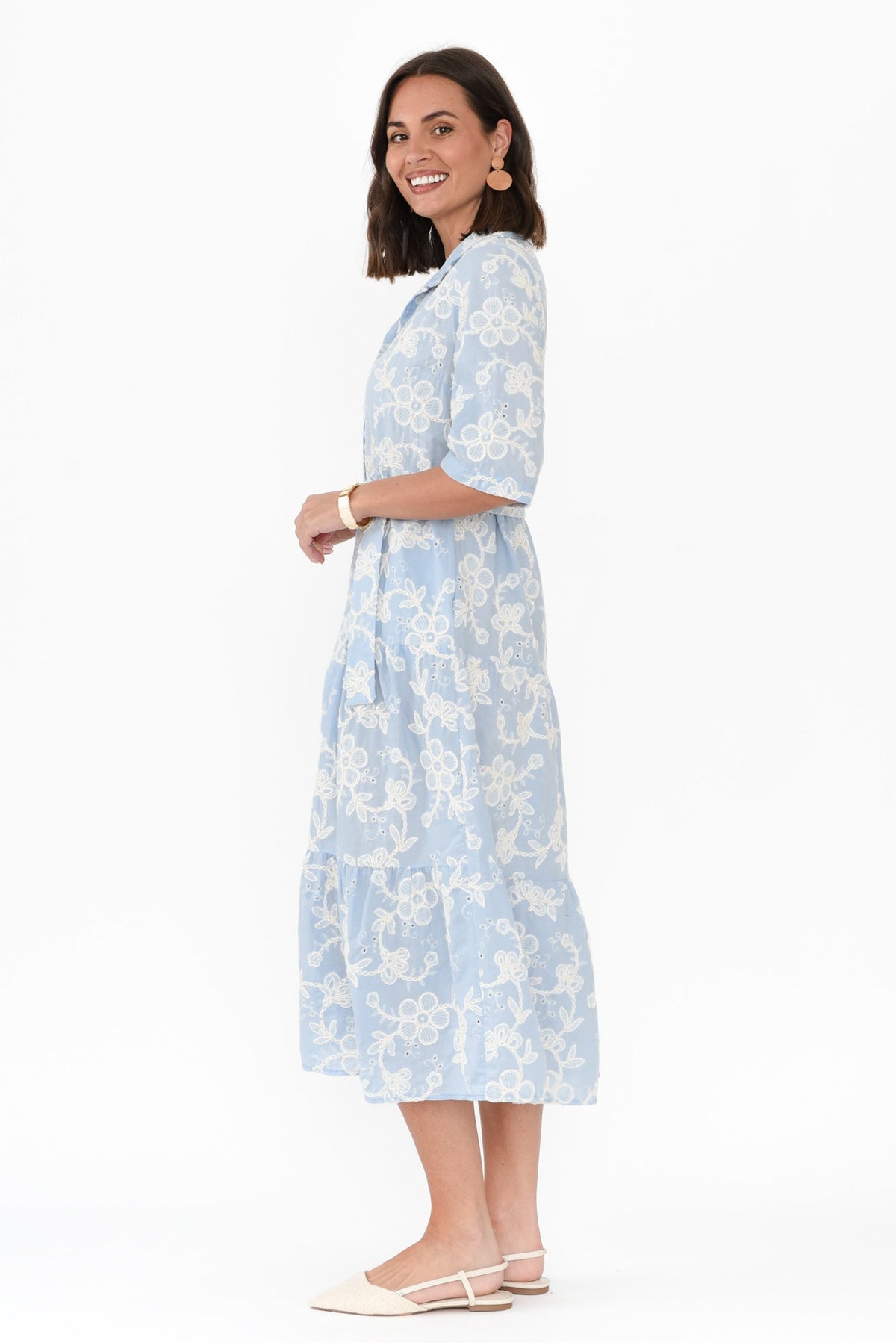 Heidi Blue Floral Embroidered Cotton Dress Side View