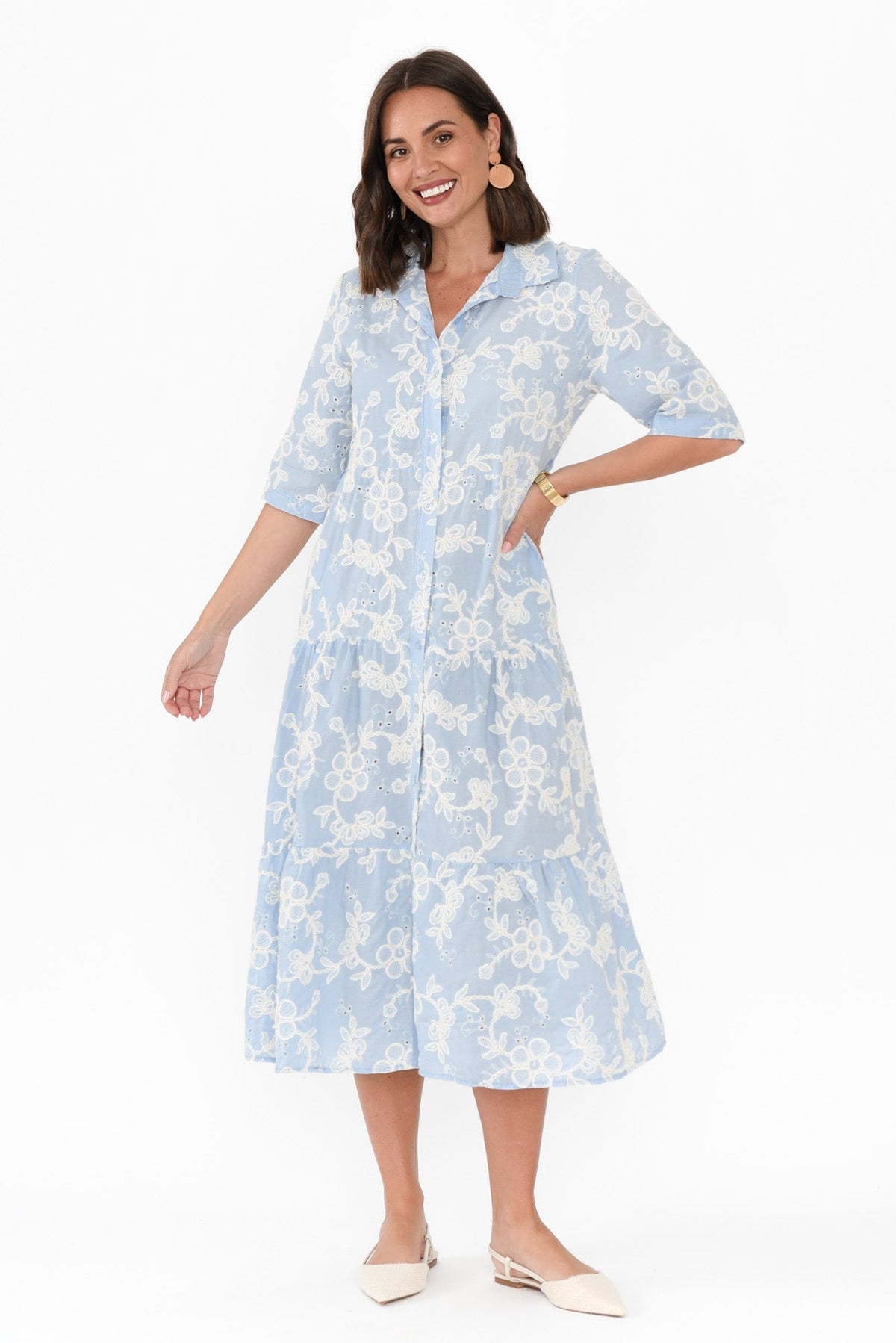 Heidi Blue Floral Embroidered Cotton Dress Back View 2