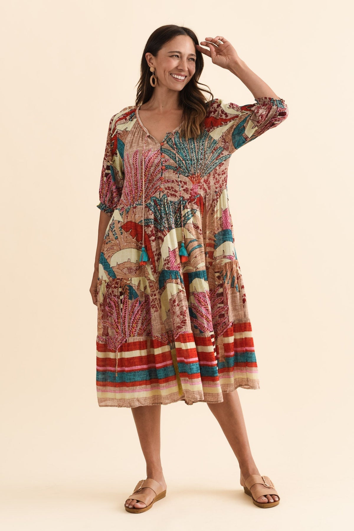 Hilaria Red Tropical Sleeved Dress Full Length View