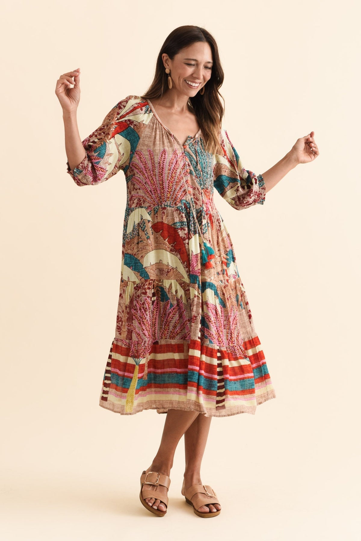 Hilaria Red Tropical Sleeved Dress Front View