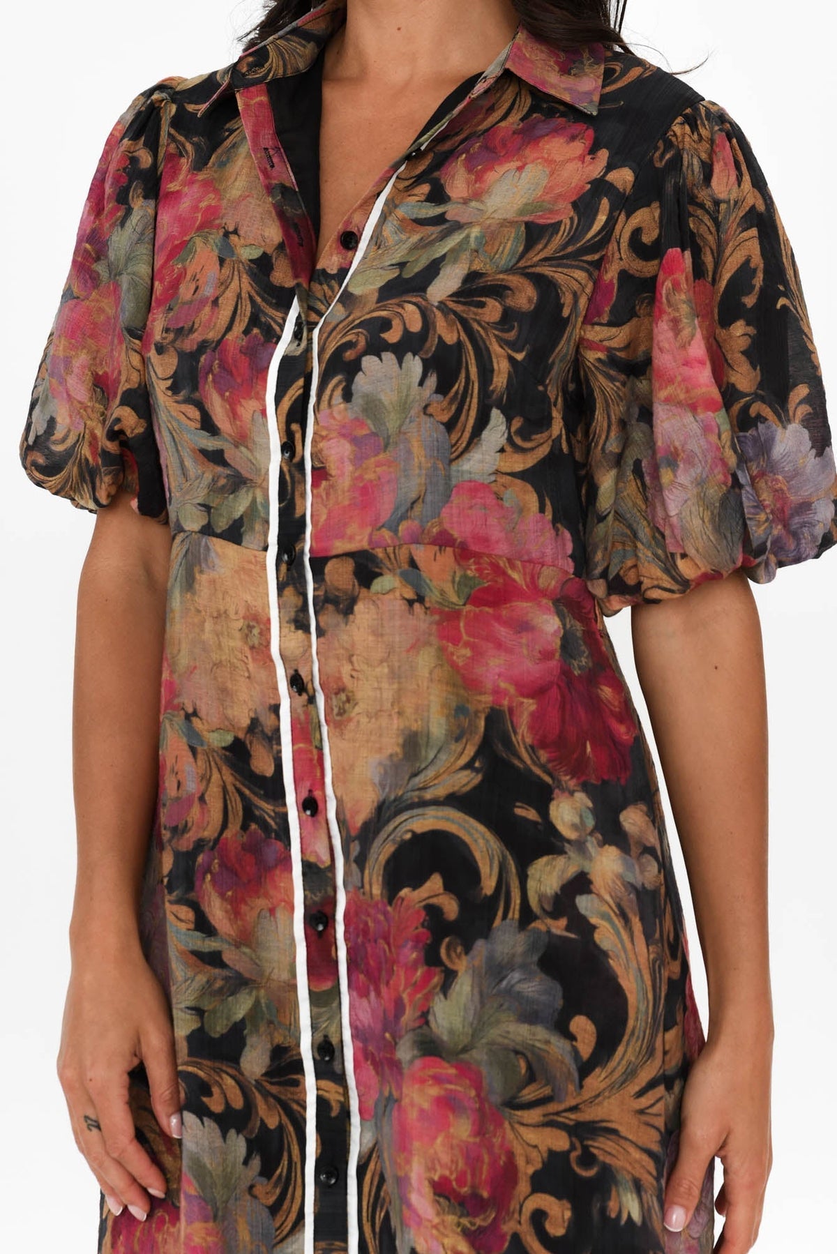 Hilma Black Floral Cotton Blend Tie Dress Full Length View